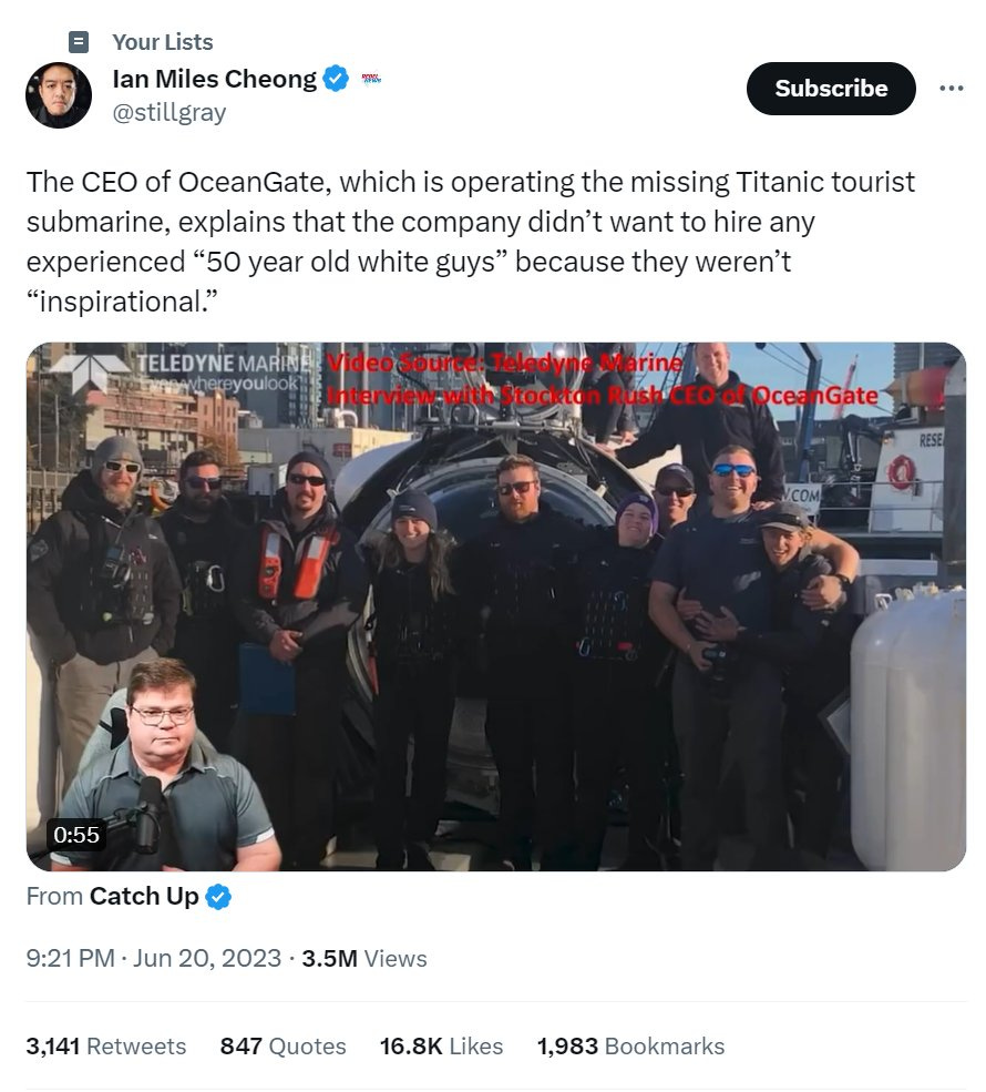 A tweet blaming the submarine disaster on diversity minded hiring practices of the company that built and ran it. 