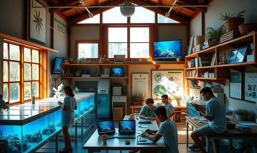 Natural tropical light floods through large windows or open sides, revealing a functional yet inspiring room filled with scientific equipment—tanks with flowing seawater for land-based coral nurseries, microscopes, monitoring screens displaying AI data from ReefOS (their geospatial dashboard), clipboards with growth charts, and shelves lined with tools like epoxy for attaching fragments and sensor devices. Team members (young gardeners in casual ocean-themed attire) collaborate around tables scattered with coral samples, laptops showing real-time reef monitoring, and educational posters about super corals and restoration techniques. The space feels alive with purpose: part lab, part community hub, with touches of Polynesian warmth like woven mats or plants, blending high-tech innovation with grassroots passion. It's a behind-the-scenes glimpse of the "indoor garden" where planning, research, and daily missions happen—contrasting the underwater action while showing the human engine driving the movement. (Based on descriptions from their site, Rolex Perpetual Planet features, and related conservation reports; public photos tend to focus more on outdoor/water elements, but interiors evoke this practical, vibrant lab vibe.)