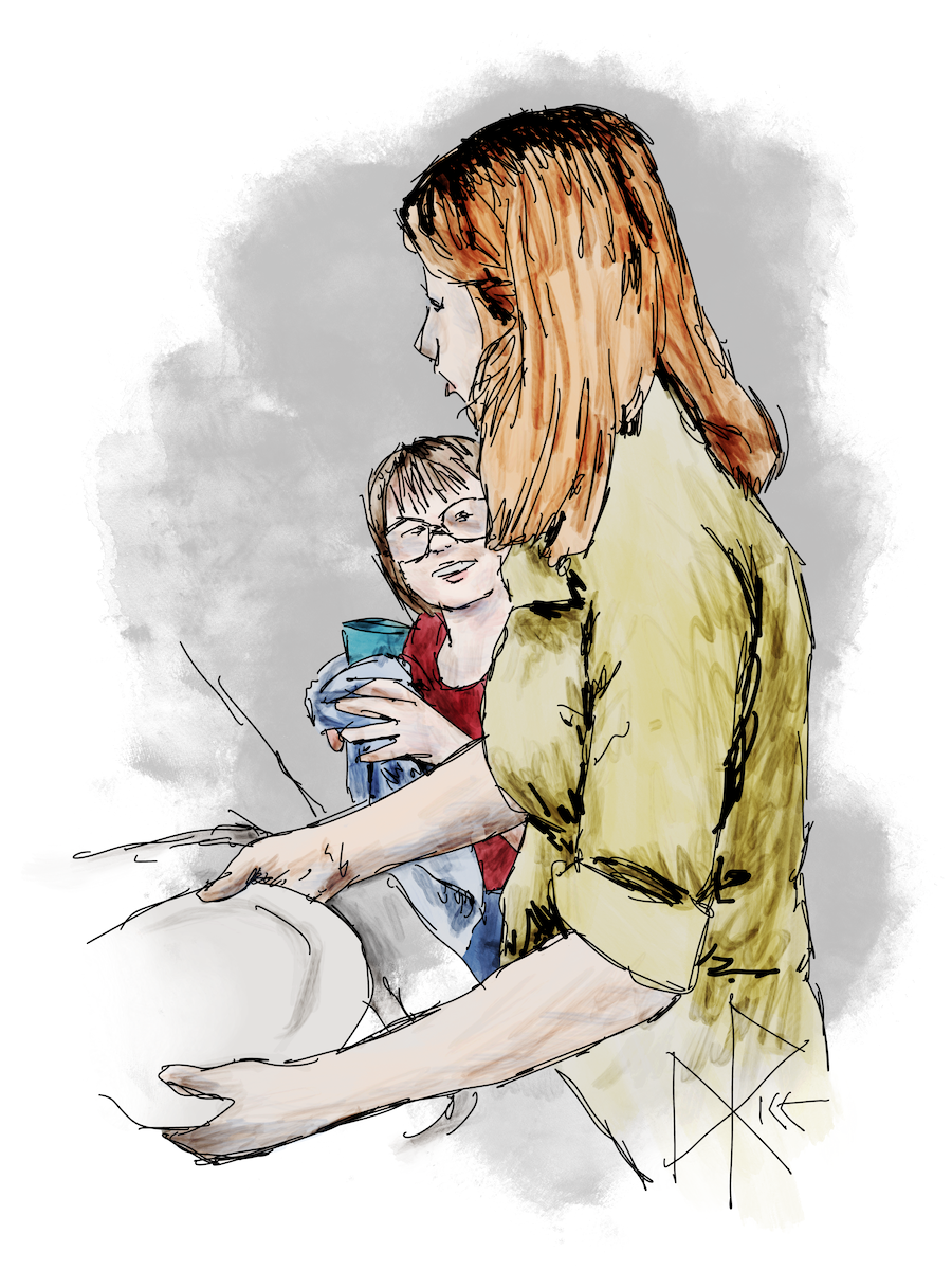 Laughing and chatting while using a dish towel to dry a cup, a young child looks up at the woman who is standing at the sink while washing a plate. Sketch art by Don Rice. Laughing and chatting while using a dish towel to dry a cup, a young child looks up at the woman who is standing at the sink while washing a plate. Sketch art by Don Rice.