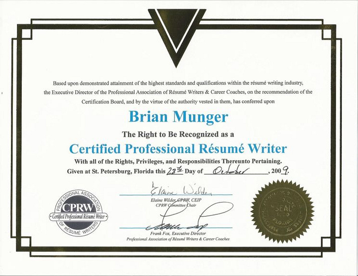 Two images of a Certified Professional Resume Writer certification. The image on the left is a legitimate certificate, while the one on the right is forged.