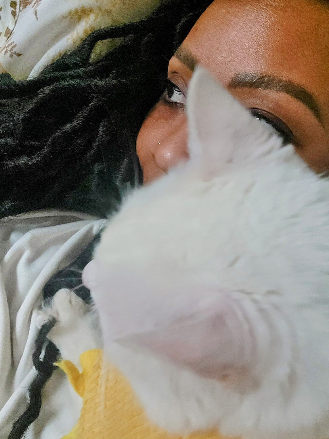 brown skinned person with dark locs with face partially covered why white cat on chest