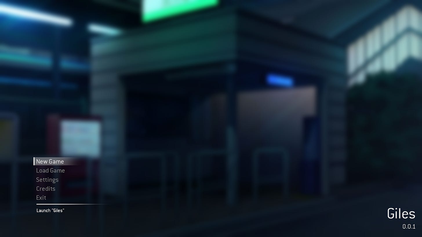 A screnshot of an in-progress main menu for Giles.