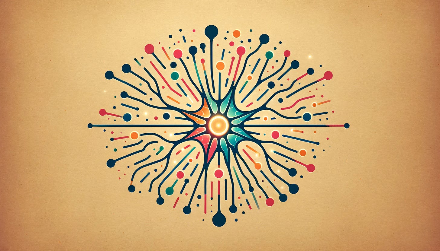 An artistic representation of a network of colorful, interconnected neurons, each glowing with its own unique light, symbolizing the activation of ideas.
