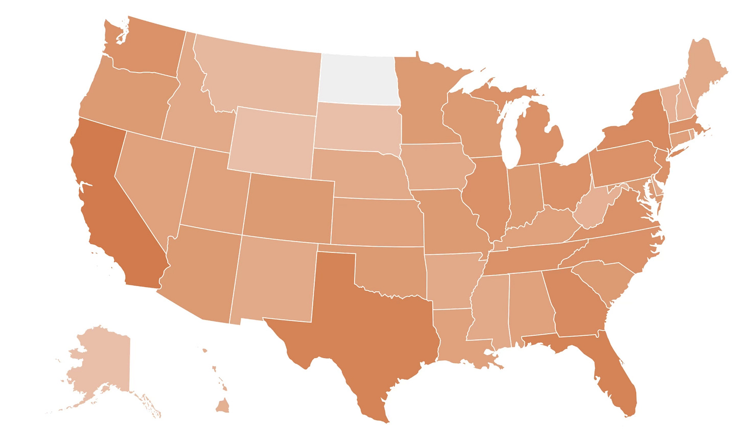 United States map. All states except North Dakota are highlighted in varying shades of orange, indicating the relative number of subscribers in each state.