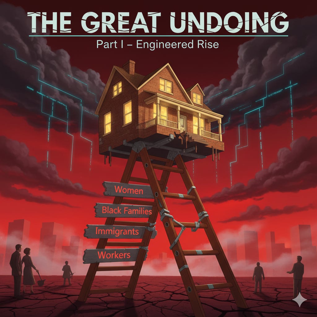 Title/Text on Image: “The Great Undoing – Part I: Engineered Rise” Cinematic, hyper-realistic editorial illustration. Central focus: a 1950s American Dream-style house perched atop a broken ladder with missing rungs labeled “Women,” “Black Families,” “Immigrants,” and “Workers.” Stormy clouds gather overhead, subtle AI code streaks in the sky foreshadow modern manipulation. Warm vintage tones on house, harsh reds and grays on ladder and storm. Glowing gold accents on the house and ladder. Mood: nostalgic but tense. Highly detailed digital painting, editorial illustration suitable for Substack hero image and social media.