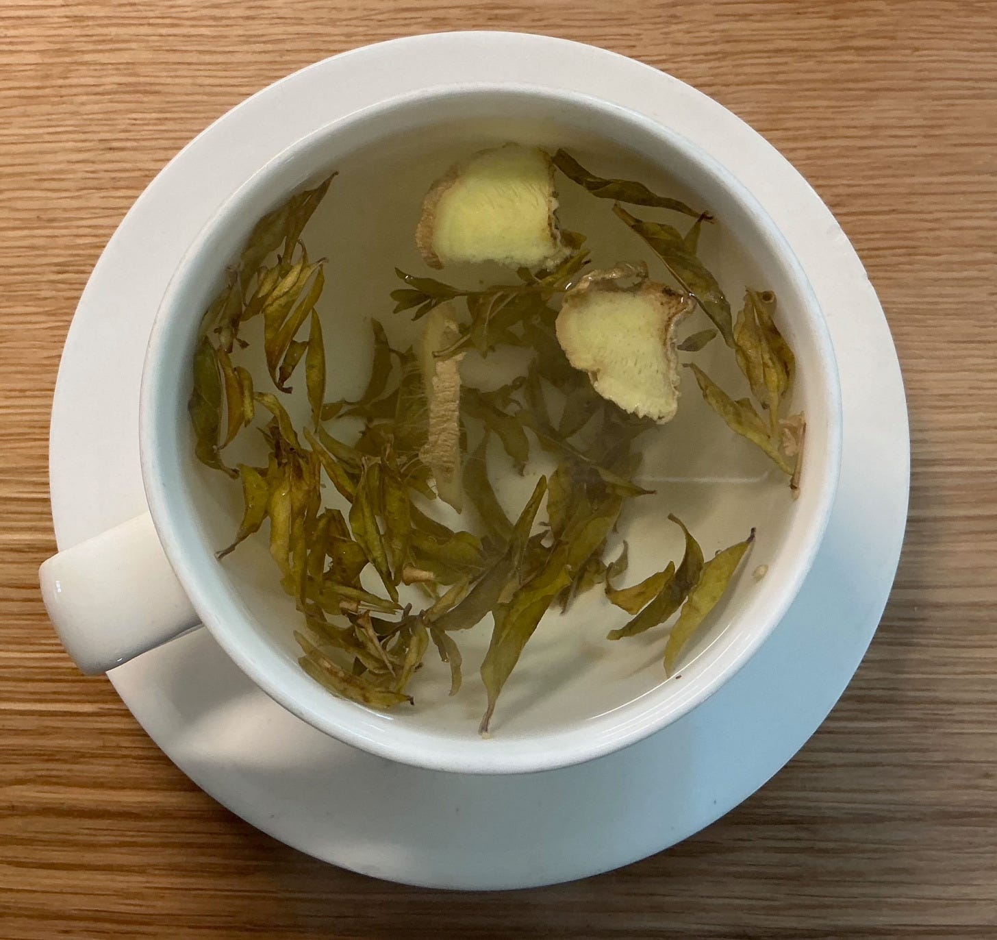 A white cup containing infusion with leaves and ginger slices