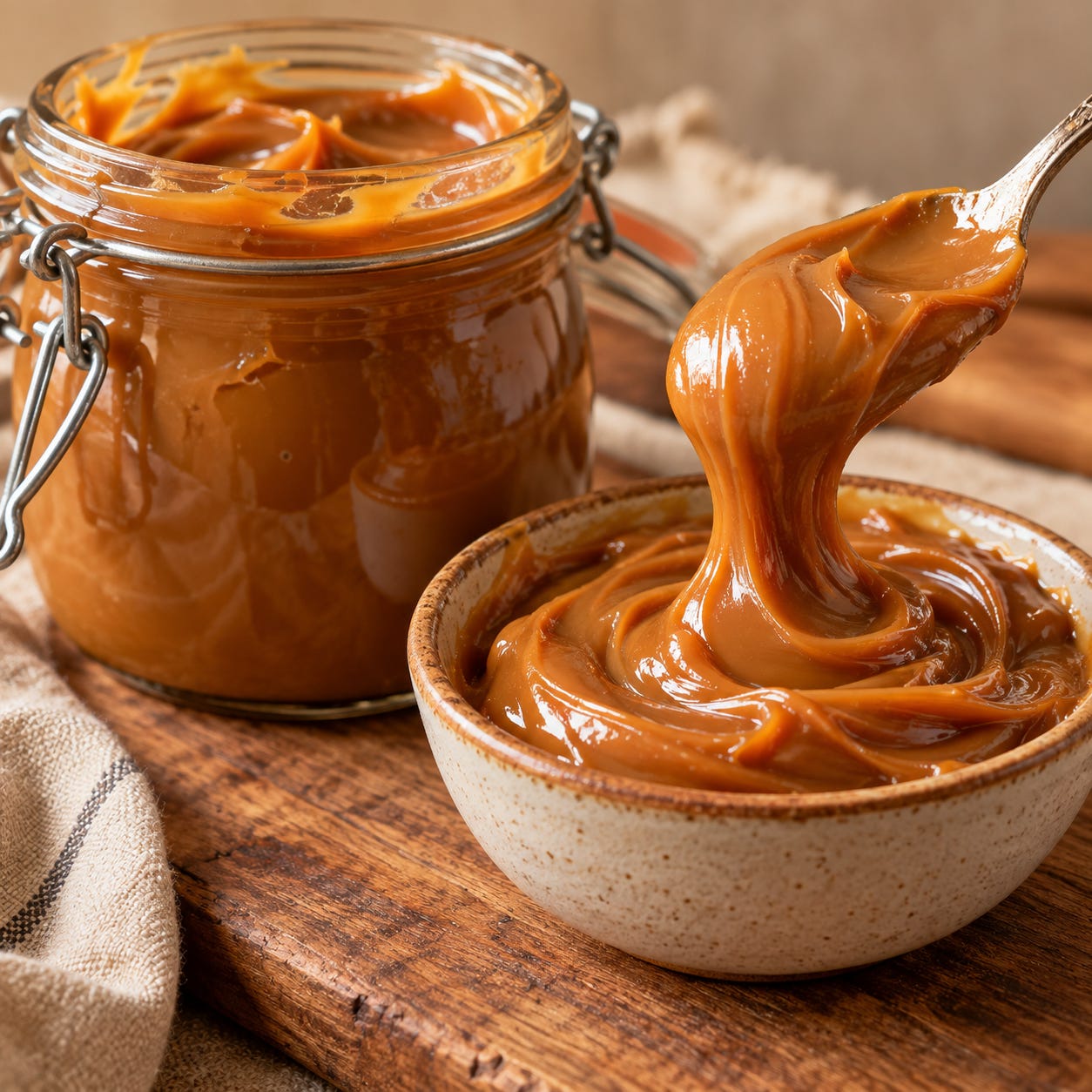 Pote e tigela de doce de leite cremoso e brilhante sobre uma tábua de madeira, com uma colher levantando uma porção espessa do doce. Pote e tigela de doce de leite cremoso e brilhante sobre uma tábua de madeira, com uma colher levantando uma porção espessa do doce.
