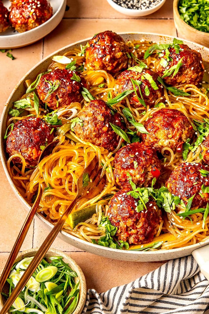 Olivia Adriance Latest Blog Recipes: Firecracker Glass Noodles & Meatballs, Banana Muffins, Crispy Chicken Kale Salad, GF Hamburger Helper