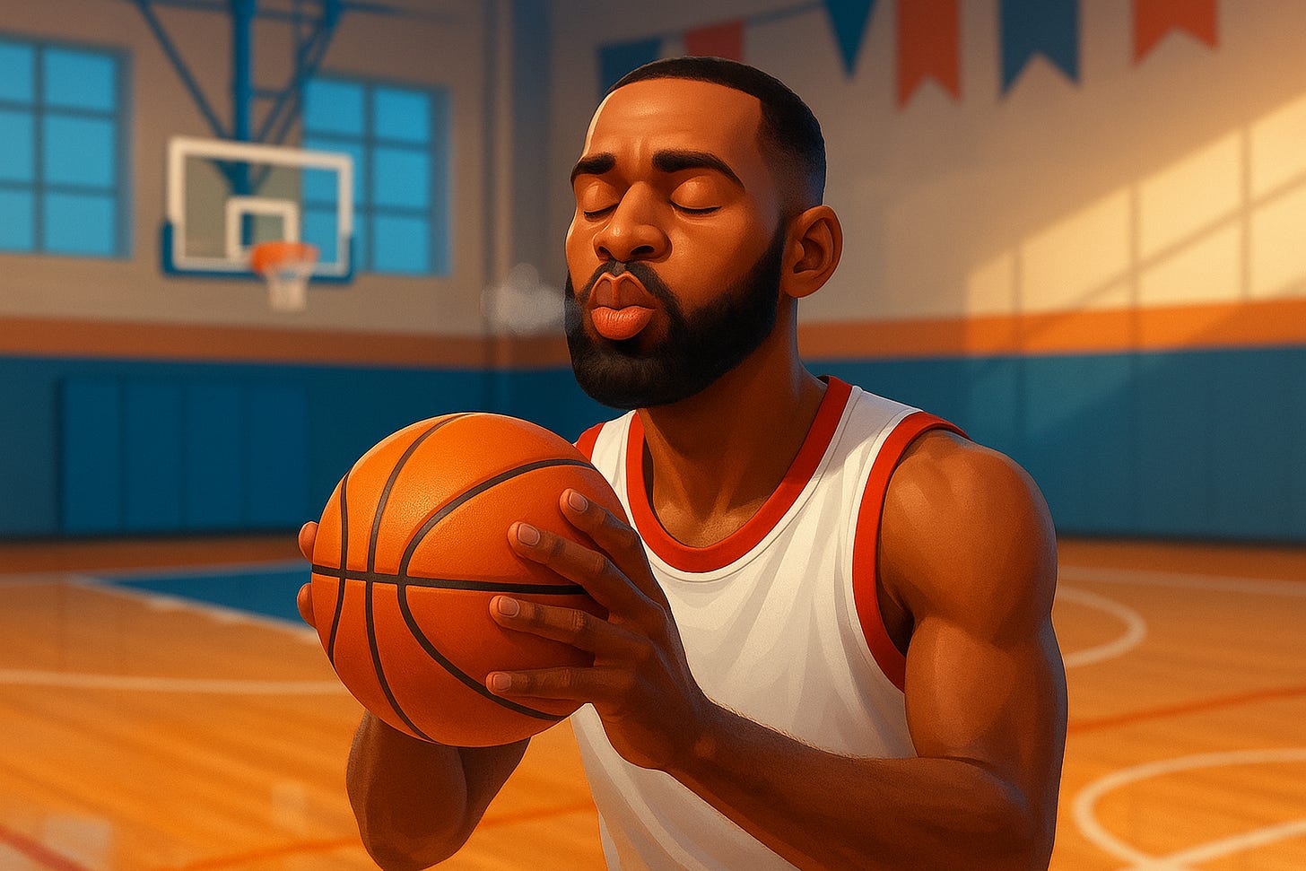 Athlete closing eyes and breathing slowly before a free throw, modeling a quick reset routine for calm and focus.