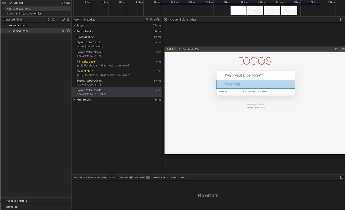 Playwright test that adds and verifies one todo item.