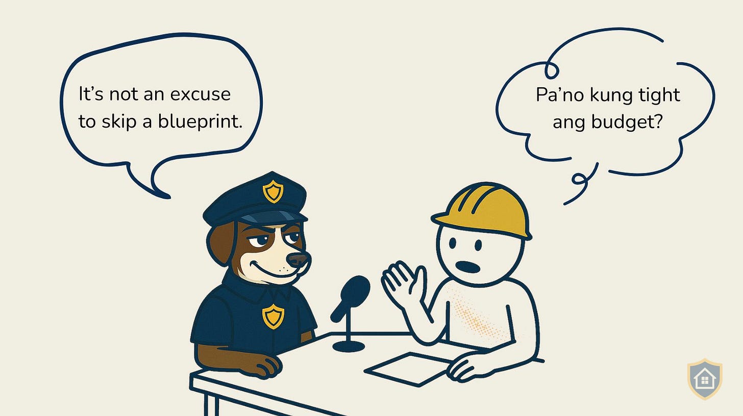 Inspector Milo, a brown dog in a navy police uniform with a shield badge, sits at a table with a microphone facing Pedro, a stick figure homeowner with a yellow hard hat and visible bandages. Pedro asks in Taglish, "Pa'no kung tight ang budget?" Milo responds, "It's not an excuse to skip a blueprint."