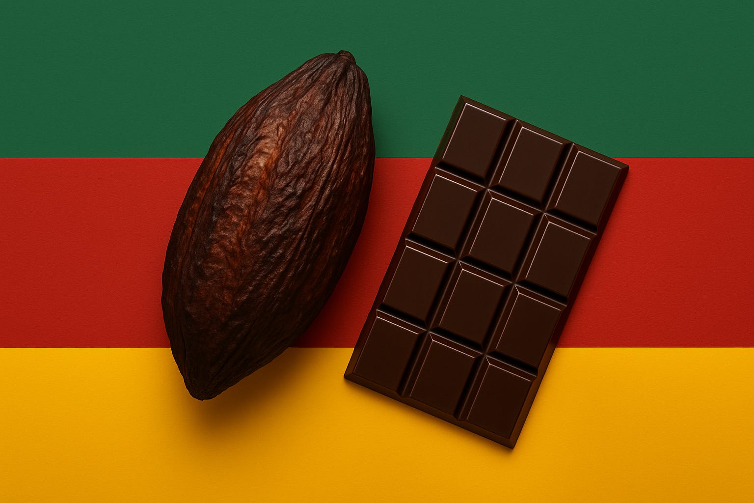 A photo-realistic image of two cocoa pods placed beside dark chocolate bars and scattered cocoa beans, lit warmly to evoke heritage and struggle. The colour tones subtly reflect the Pan-African palette — red, gold, green, and black — symbolising resistance, unity, and the cocoa farmer’s voice in the fight for justice.
