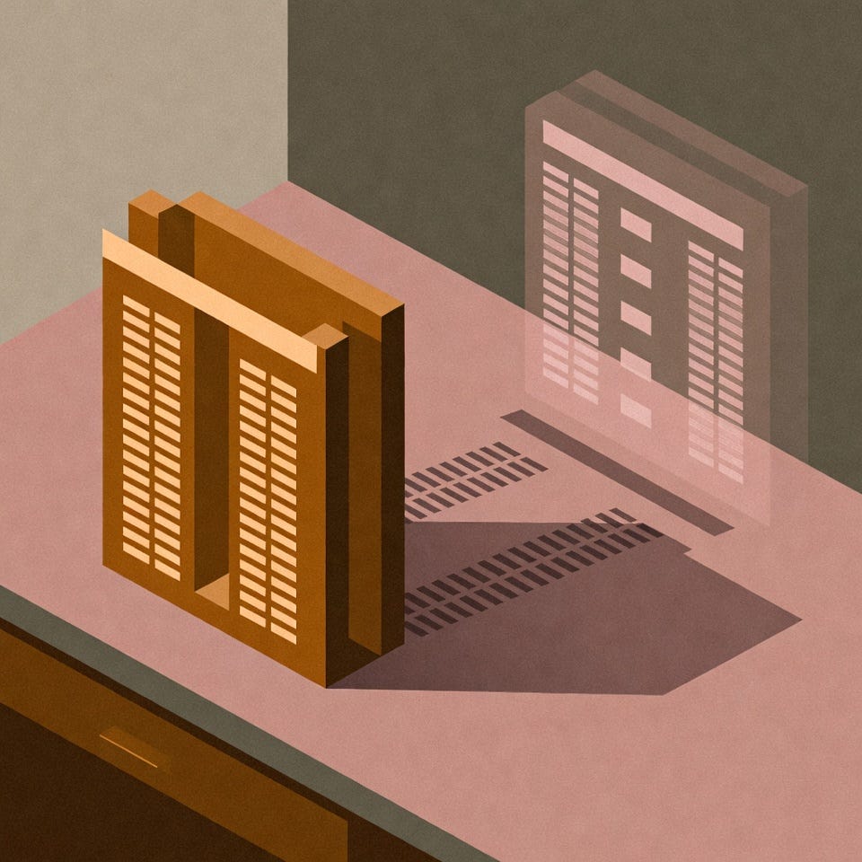 Editorial illustration, conceptual, isometric perspective, muted earth tones, flat shading, geometric lighting, mid-century modern, minimalist, New Yorker style, no text. A single financial document on a clean warm grey desk casting a long dusty pink shadow. Inside the shadow, faint duplicate rows are visible — ghost data hiding in plain sight, translucent phantom rows underneath. Amber document, architectural framing, faceless, no screens.