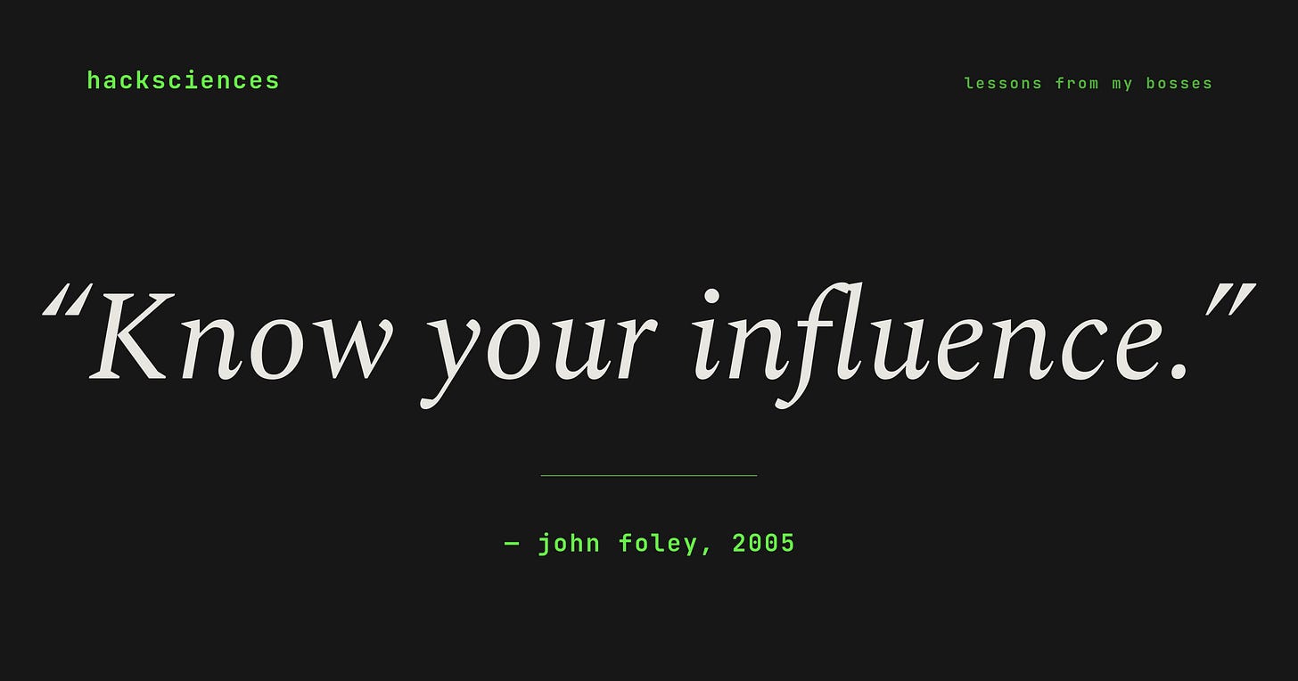 Quote card on a dark background reading 'Know your influence.' attributed to John Foley, 2005. Marked with the hacksciences wordmark and the section tag 'lessons from my bosses.'