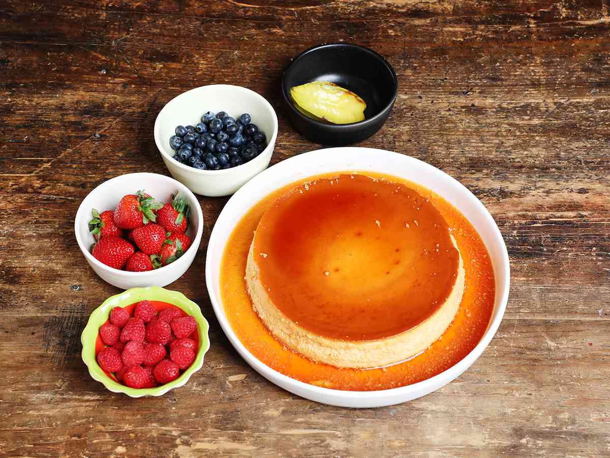 flan with garnish on the side flan with garnish on the side