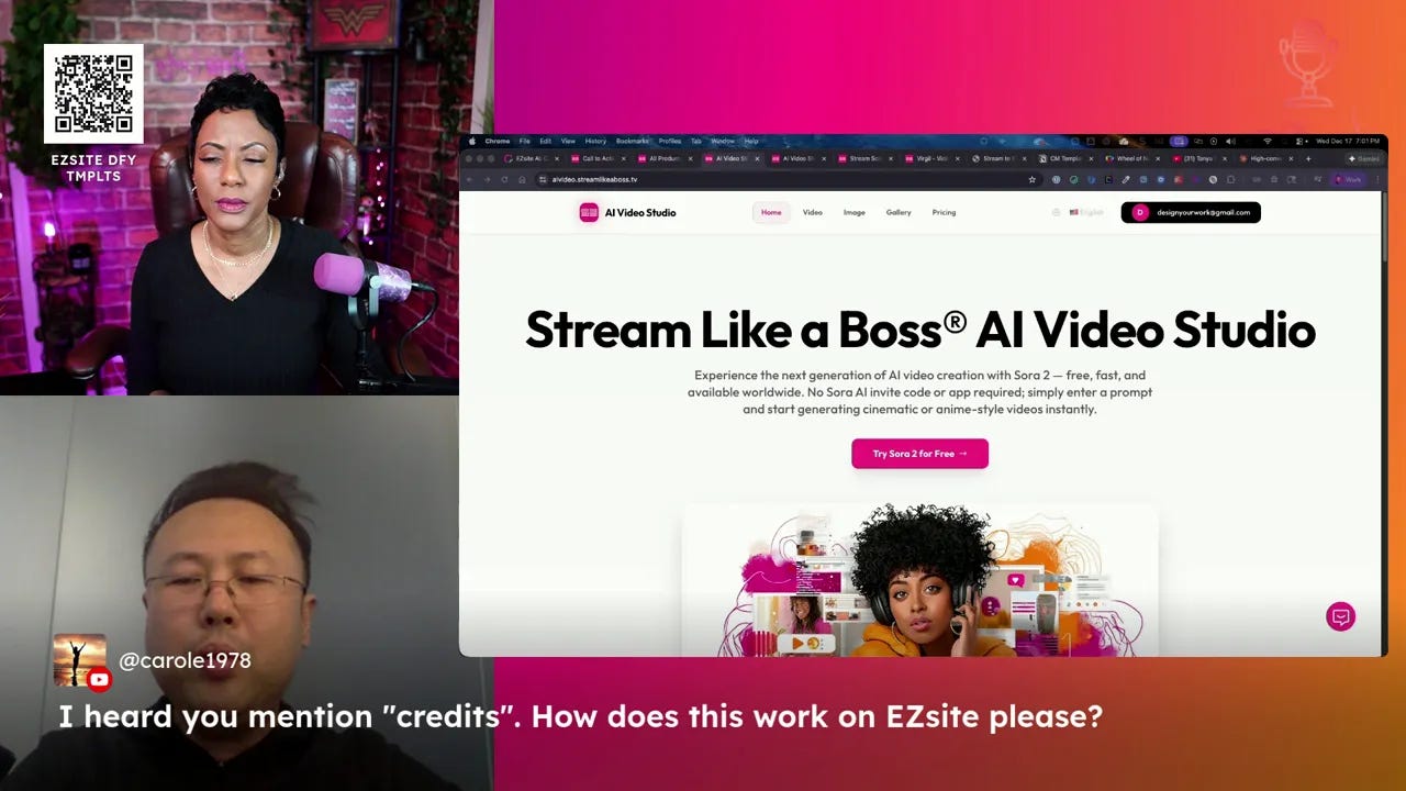 High-resolution split-screen livestream showing presenter, participant, and a website preview with an on-screen question: 'I heard you mention 
