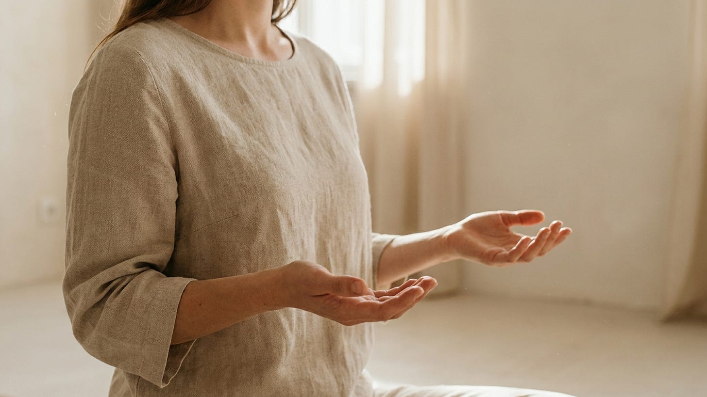 A woman seated with upright posture, hands held open palms-up in front of her torso, elbows at her sides. Soft diffused natural light in warm cream and beige tones. The feeling is grounded, receptive, released — someone pausing to ask herself a question instead of running on autopilot. A woman seated with upright posture, hands held open palms-up in front of her torso, elbows at her sides. Soft diffused natural light in warm cream and beige tones. The feeling is grounded, receptive, released — someone pausing to ask herself a question instead of running on autopilot.