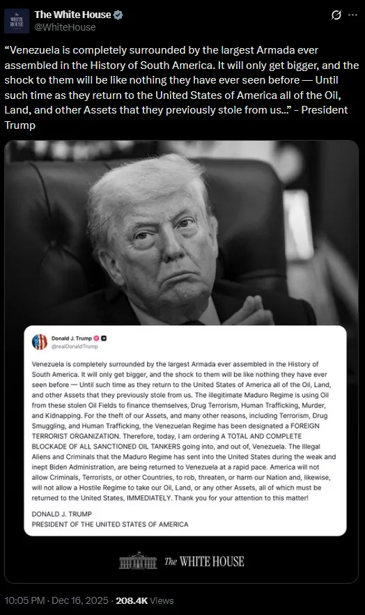 Kriegshandlung: Trump kündigt vollständige Blockade Venezuelas an und gibt endlich zu, dass es darum geht, sich das Öl des Landes anzueignen