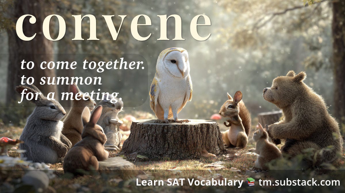 Illustration of an owl conducting a formal meeting of woodland animals; used to illustrate the SAT word 'convene'.
