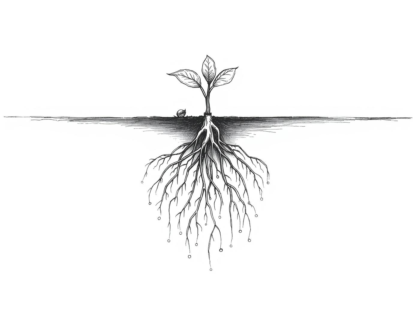 Small plant with extensive root network spreading underground into connected nodes Small plant with extensive root network spreading underground into connected nodes