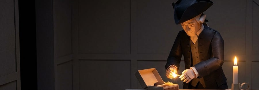 A man dressed in period clothing from Georgian era tries to make fire with charcloth and lights a candle in a dimly lit entrance