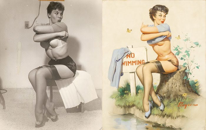Gil Elvgren masterfully transforms a real woman's playful pose into a vibrant pin-up painting, complete with the humorous 'No Swimming' sign. Gil Elvgren masterfully transforms a real woman's playful pose into a vibrant pin-up painting, complete with the humorous 'No Swimming' sign.