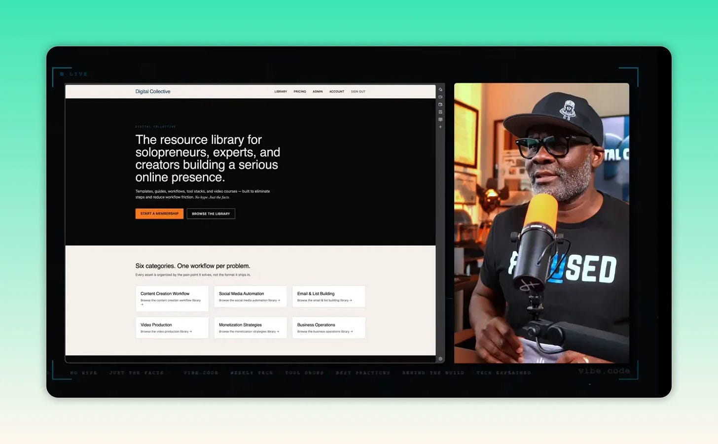 Digital Collective resource library landing page alongside a creator speaking on a live stream