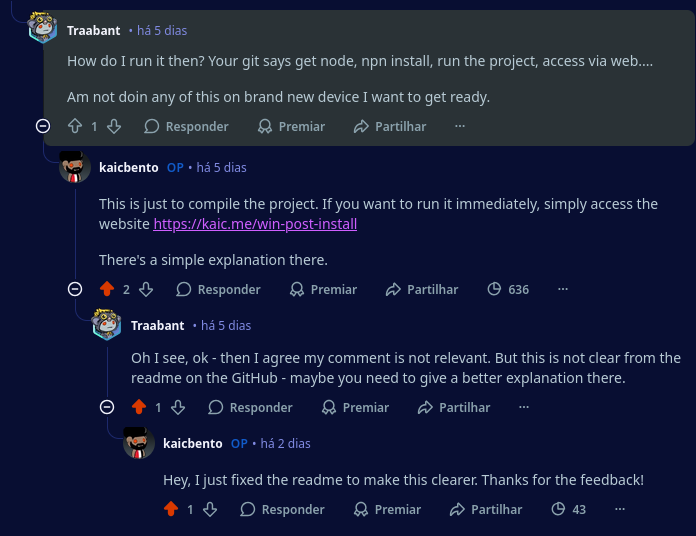 Screenshot of a Reddit comment thread where a user asks how to run a project, the author explains that the website can be accessed directly, and subsequent replies discuss updating the README for clarity.