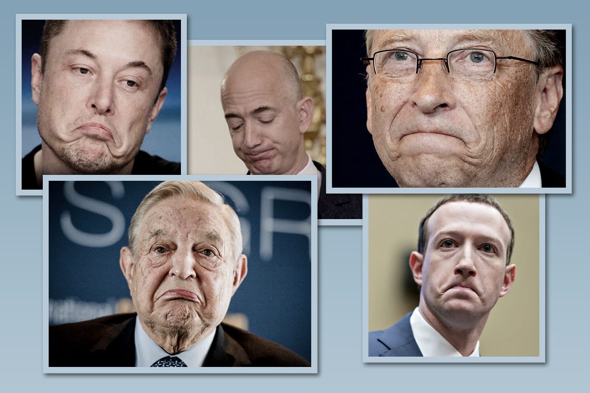 Global elites featured in Wounded Billionaire Fund campaign imagery: Elon Musk, Jeff Bezos, and others with sad expressions. Global elites featured in Wounded Billionaire Fund campaign imagery: Elon Musk, Jeff Bezos, and others with sad expressions.