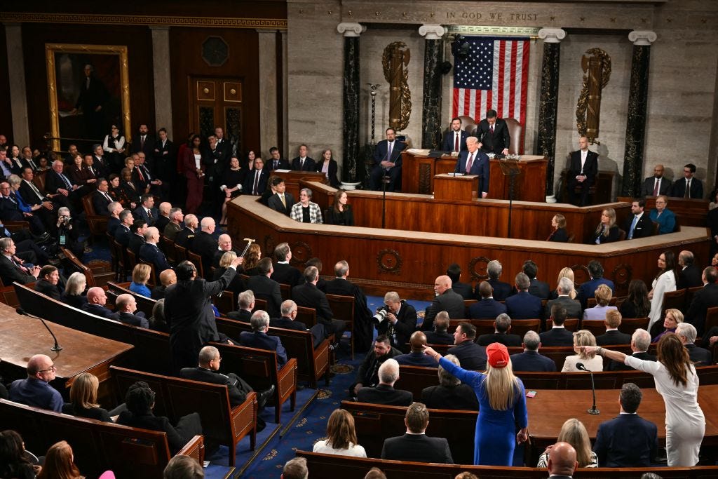 Reps. Marjorie Taylor Green and Nancy Mace, shouting down Rep. Al Green, who is protesting Donald Trump's joint address to Congress on March 4, 2025.