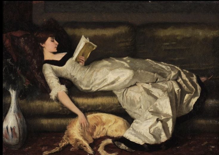 This may contain: a painting of a woman laying on a couch next to a dog and reading a book