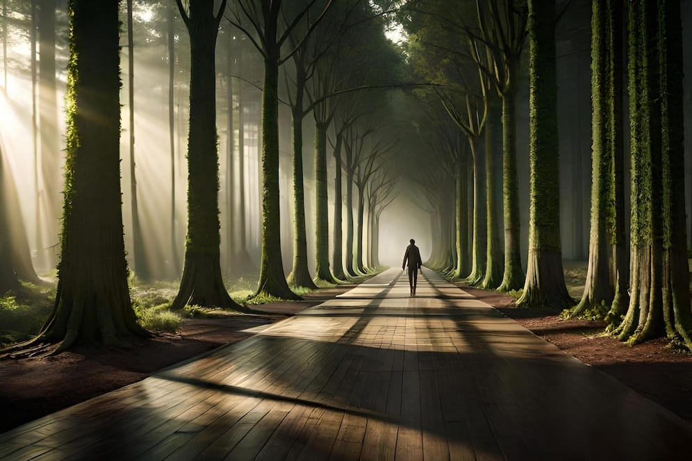 Premium AI Image | a path through a forest with a man walking in the fog.