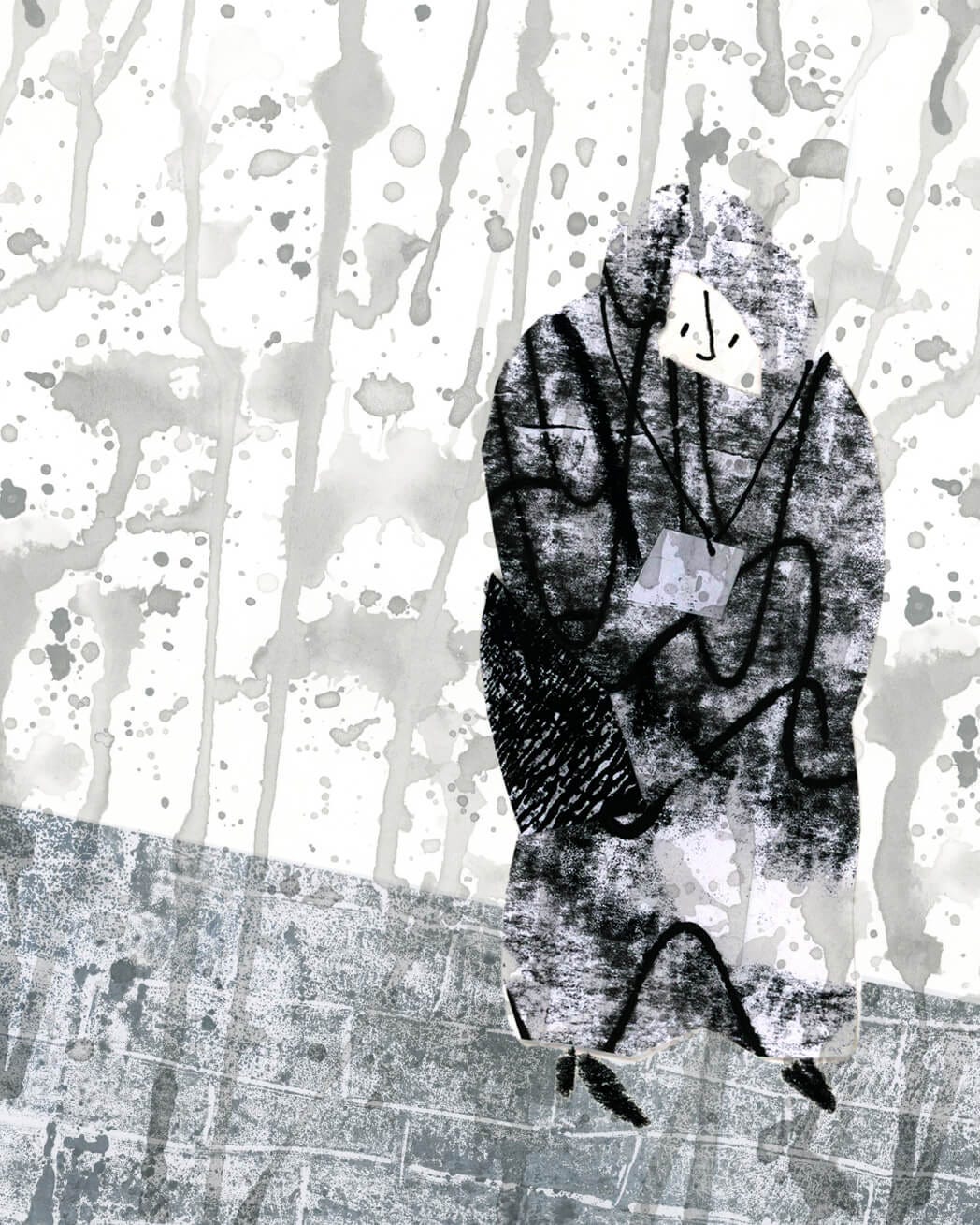 collage and ink image of a woman scurrying through heavy rain. Illustration by Nanette Regan