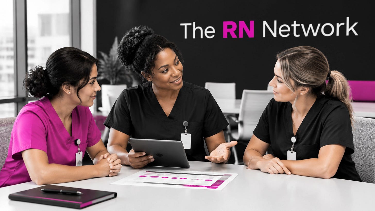 A nurse in neutral scrubs and a nurse in pink scrubs reviewing clinical workflow data together