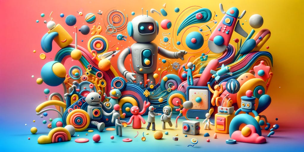 A imagem é uma ilustração vibrante e colorida, repleta de formas abstratas e personagens estilizados. O fundo da imagem gradiente muda suavemente de rosa no canto superior esquerdo para laranja e depois amarelo no canto superior direito. Espalhados por toda a composição, há várias formas geométricas, esferas e elementos que lembram a arte moderna e brinquedos.

No centro, há um robô cinza antropomórfico com olhos vermelhos e vários botões e luzes em seu corpo, que parece estar apontando ou interagindo com o ambiente ao seu redor. À esquerda e à direita do robô, há outras criaturas e objetos que parecem ter características tanto orgânicas quanto mecânicas. As cores são principalmente tons de azul, laranja, amarelo e rosa, com toques de verde, roxo e vermelho.

As formas ao redor do robô são onduladas e circulares, criando uma sensação de movimento e energia. Alguns dos personagens ao redor do robô parecem estar interagindo uns com os outros, enquanto outros estão sozinhos. No primeiro plano, há figuras que se assemelham a pequenos seres humanos em várias poses e expressões, uma das quais é vermelha e parece estar acenando.

A natureza da ilustração é lúdica e fantástica, sugerindo um cenário imaginário ou um ambiente digital. A complexidade e a variedade de elementos na imagem criam uma cena cheia de alegria e curiosidade.