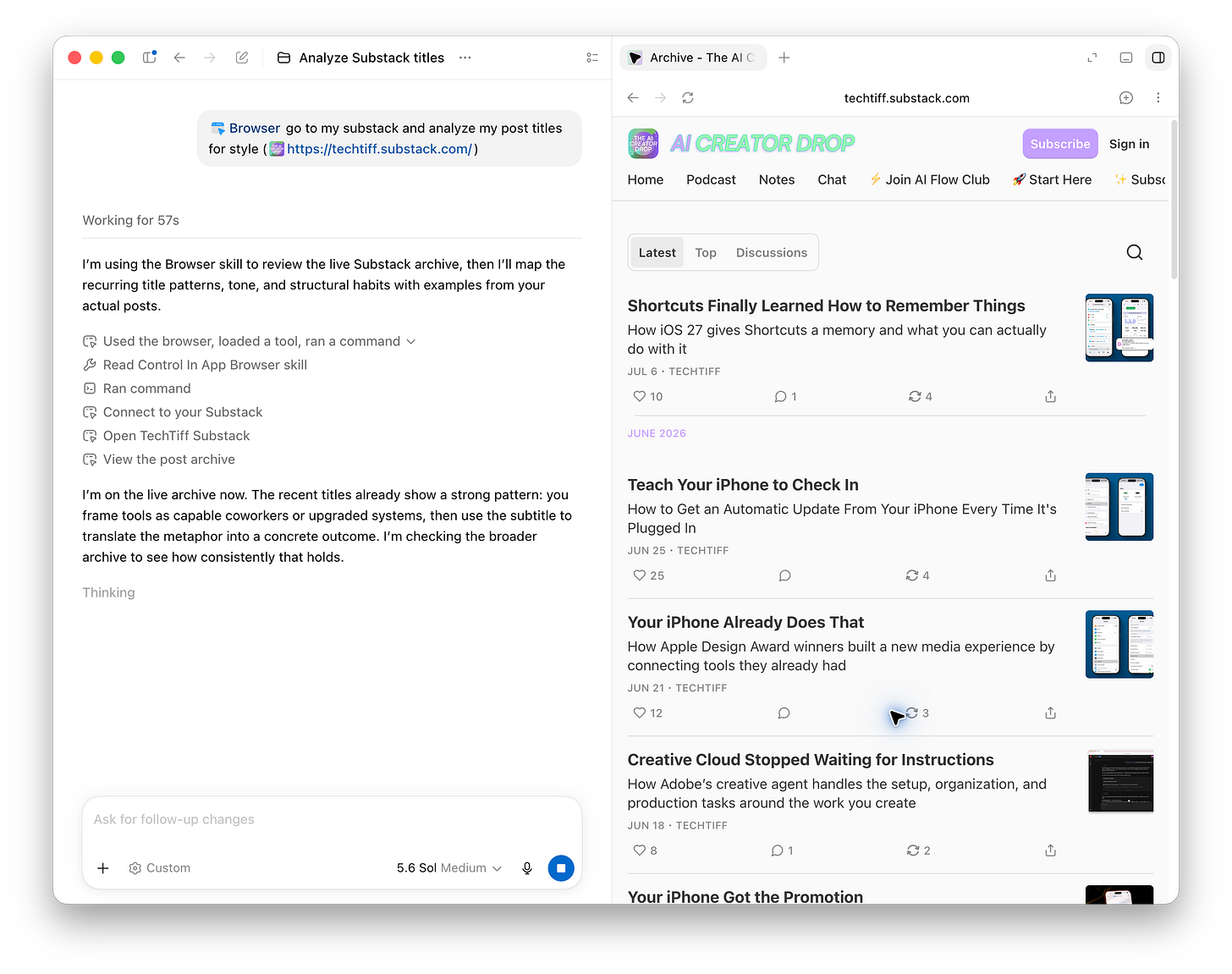 ChatGPT Work using its built-in browser to open the TechTiff Substack archive and analyze recurring patterns across published article titles.