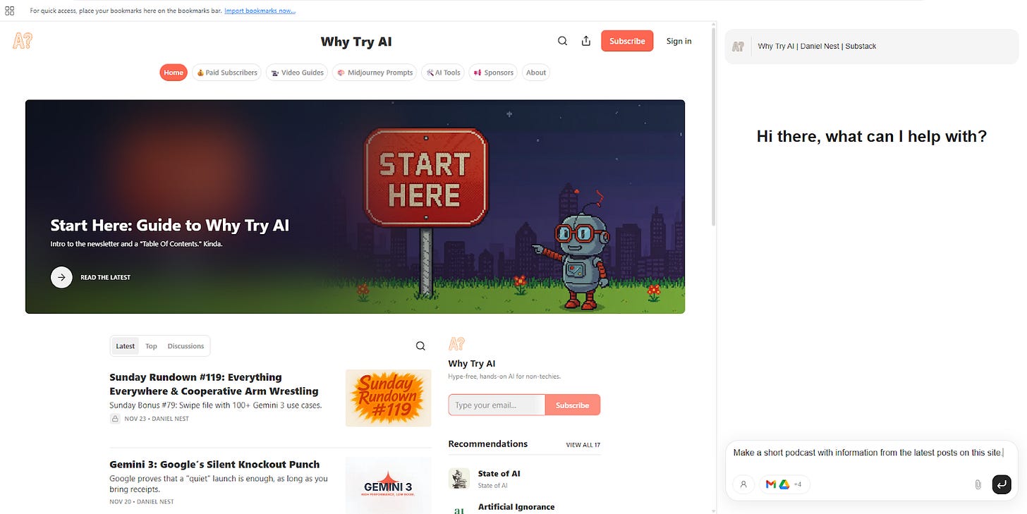 Screenshot of Why Try AI Substack homepage with Start Here guide and Genspark AI sidebar assistant, illustrating new Genspark features for content analysis and automation