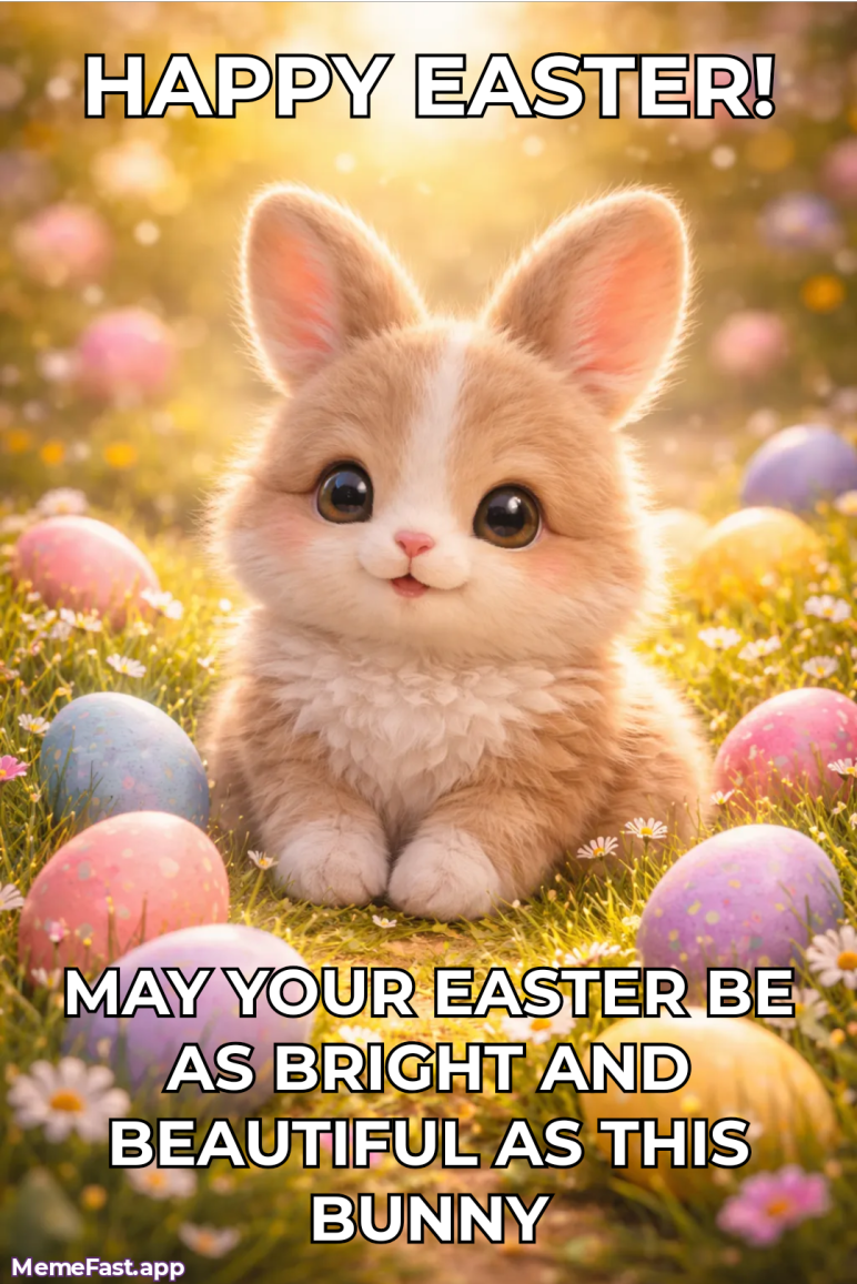 Cute pastel Easter bunny sitting among colorful eggs with the text “Happy Easter! May your Easter be as bright and beautiful as this bunny”, a happy Easter wishes card created in MemeFast for family and friends.