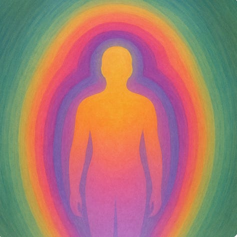 Editorial-style illustrations and graphics depicting auras, energy fields, and spiritual symbolism in soft pastel and rainbow colors, featuring human silhouettes, glowing layers of light, and inspirational text.