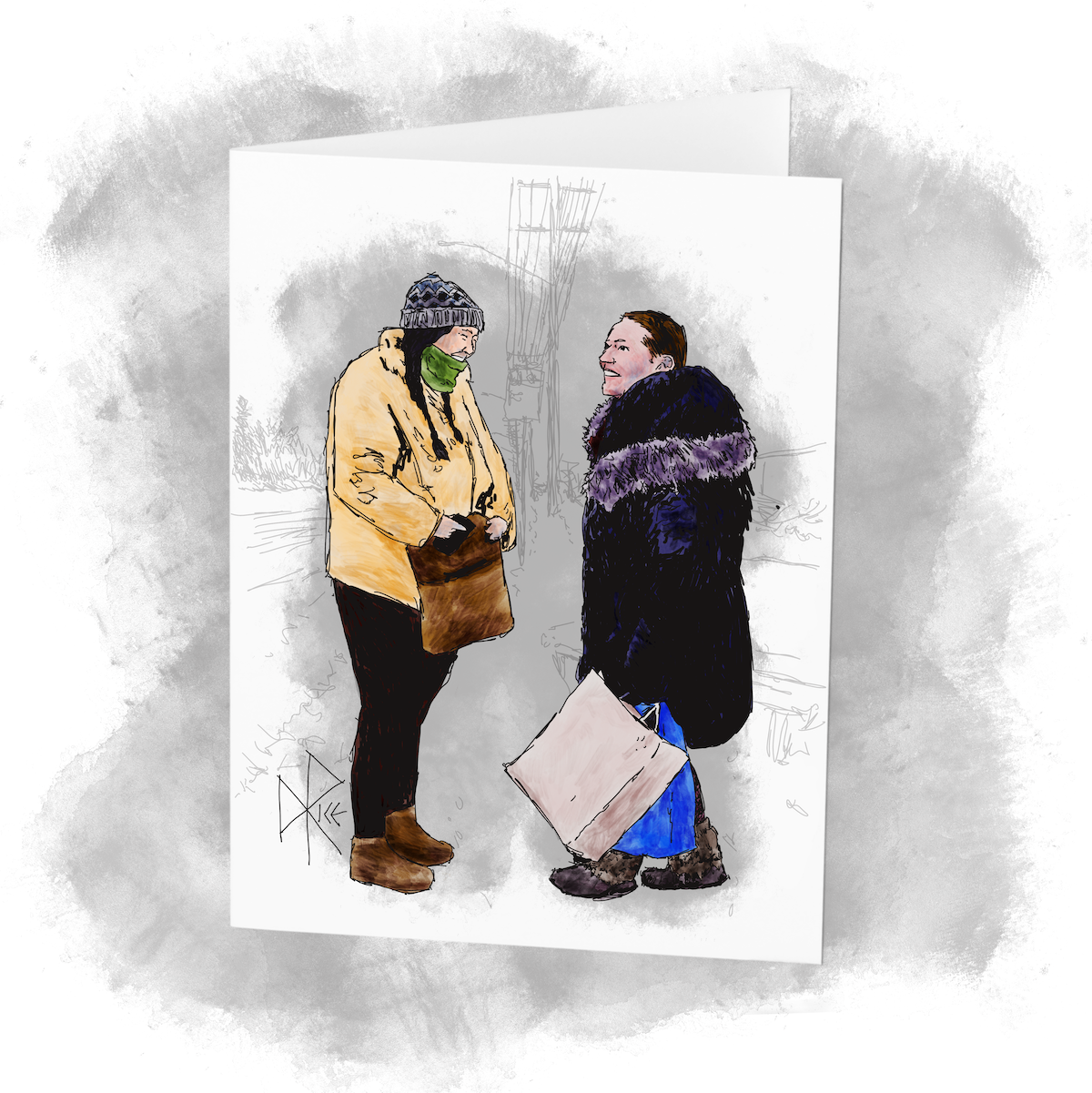 In winter, two laughing women have a good conversation as they wait at a bus stop. Sketch art by Don Rice.