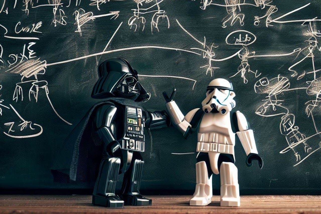 Lego Darth Vader and Stormtrooper in a planning discussion in front of a chalkboard with scribbles Lego Darth Vader and Stormtrooper in a planning discussion in front of a chalkboard with scribbles