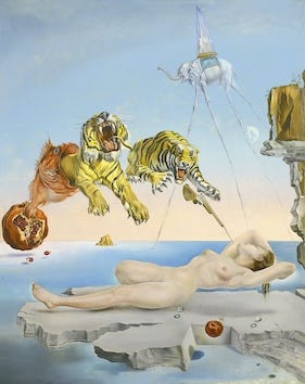 A naked woman asleep in midair over a rock in a calm sea, with a giant pomegranate cracking open above her to release a fish, two tigers and a rifle with a bayonet A naked woman asleep in midair over a rock in a calm sea, with a giant pomegranate cracking open above her to release a fish, two tigers and a rifle with a bayonet