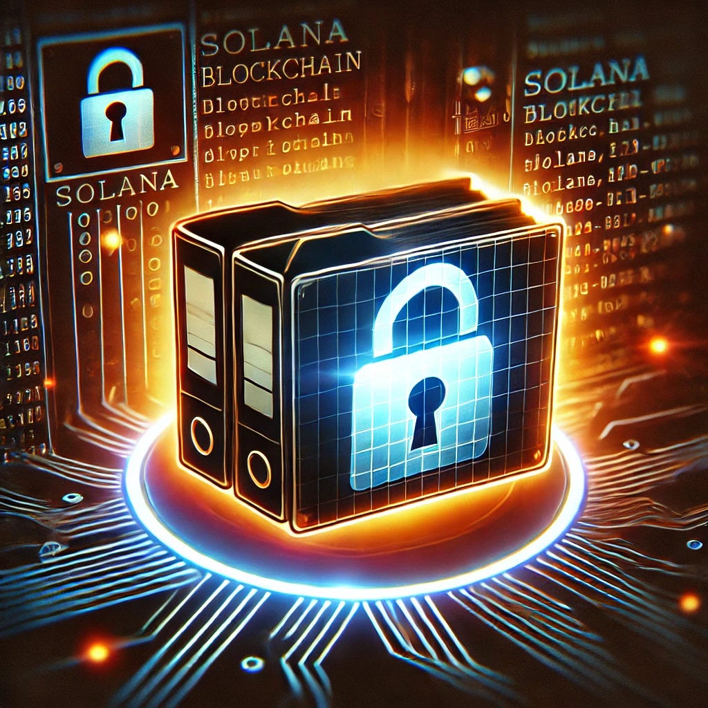 A high-tech digital illustration of a compromised software library symbolized by a broken lock icon, overlaid on a glowing Solana blockchain logo. The image features dark tones and glowing neon highlights, evoking a sense of urgency and cyber-insecurity.
