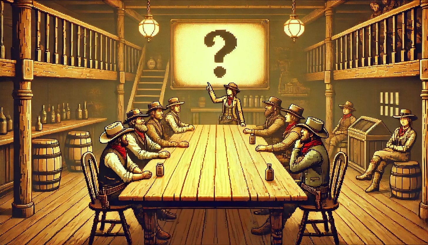 A pixel art scene of cowboys and cowgirls gathered around a rustic wooden conference table in an Old West-style saloon. The camera angle is positioned at one end of the table, showing the backs of some cowboys and cowgirls in wide-brimmed hats and rugged attire. At the head of the table, a large, old-fashioned TV screen displays a single large question mark. The saloon walls feature wooden beams, lanterns, and shelves with whiskey bottles, creating a vintage, frontier atmosphere. The cowgirl and stool in the foreground have been removed, keeping the focus on the meeting scene. The image is rendered in the style of a 1980s adventure computer game, with warm, nostalgic colors and a slightly pixelated aesthetic.