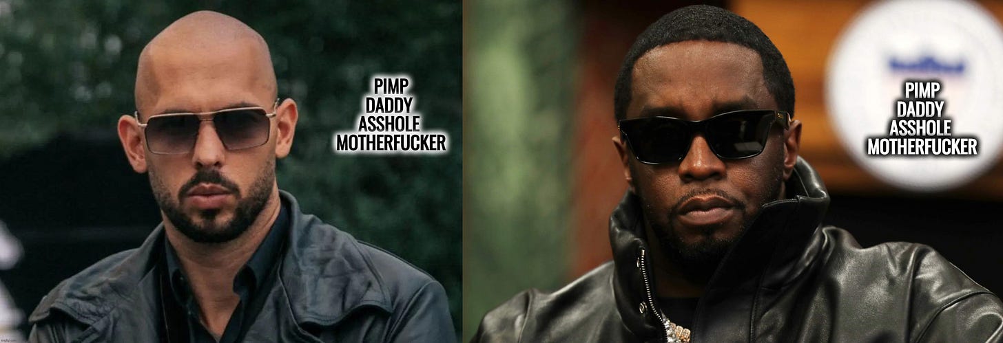 I retort, you deride . . . GOOD FOR NUTHIN' PIMP DADDY ASSHOLES . . . | PIMP DADDY 
ASSHOLE 
MOTHERFUCKER; PIMP DADDY 
ASSHOLE 
MOTHERFUCKER | image tagged in andrew tate,p diddy | made w/ Imgflip meme maker