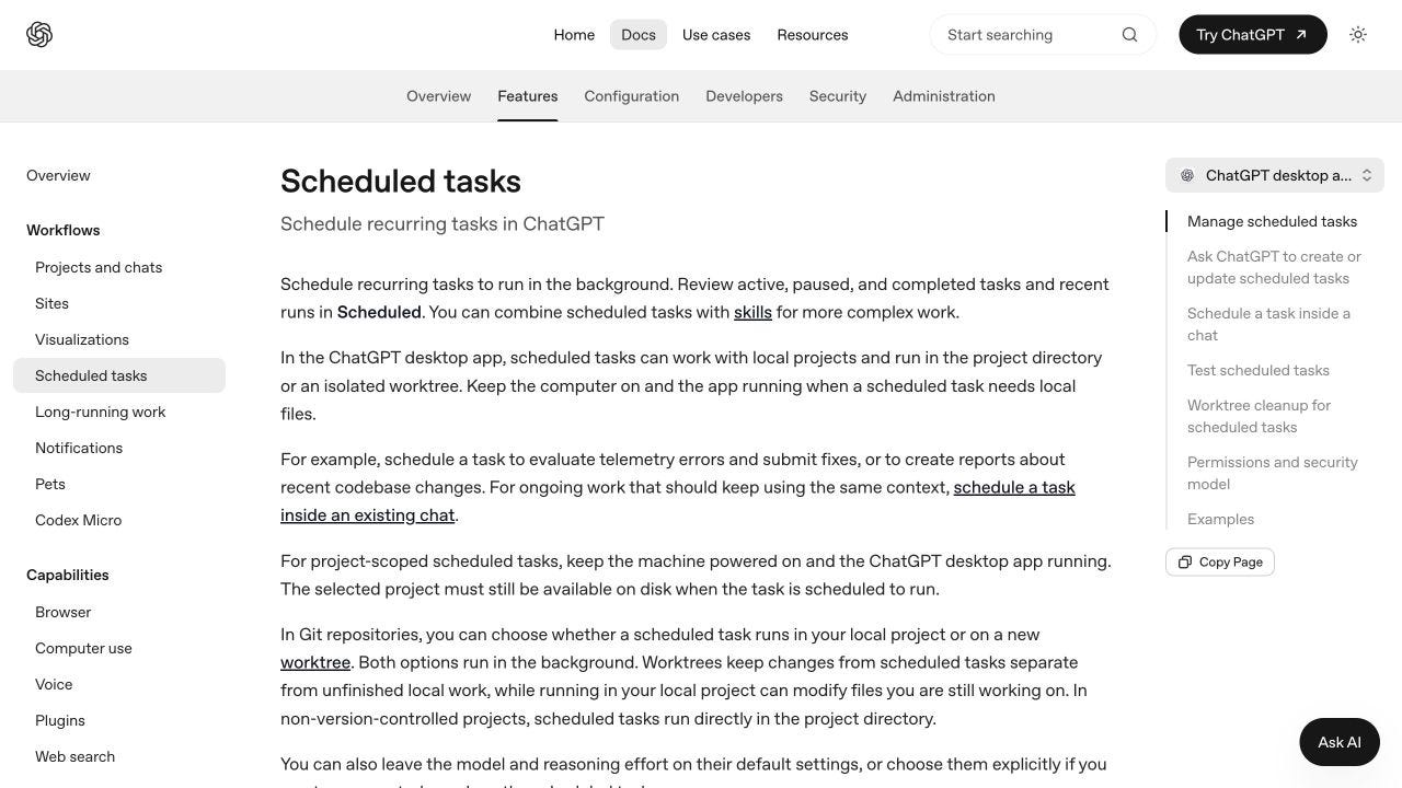 OpenAI Scheduled tasks guide showing recurring background work OpenAI Scheduled tasks guide showing recurring background work