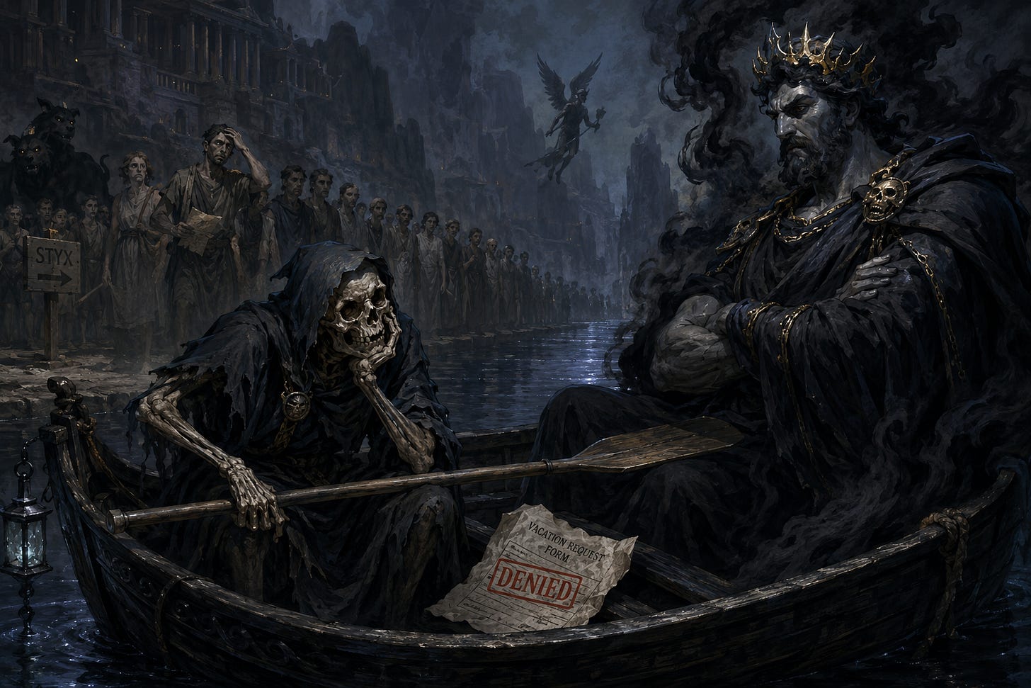 Charon sits in his ferry on the dark River Styx, refusing to row while Hades glares at him. A crumpled vacation request stamped “DENIED” lies in the boat as a long line of dead souls waits on shore.