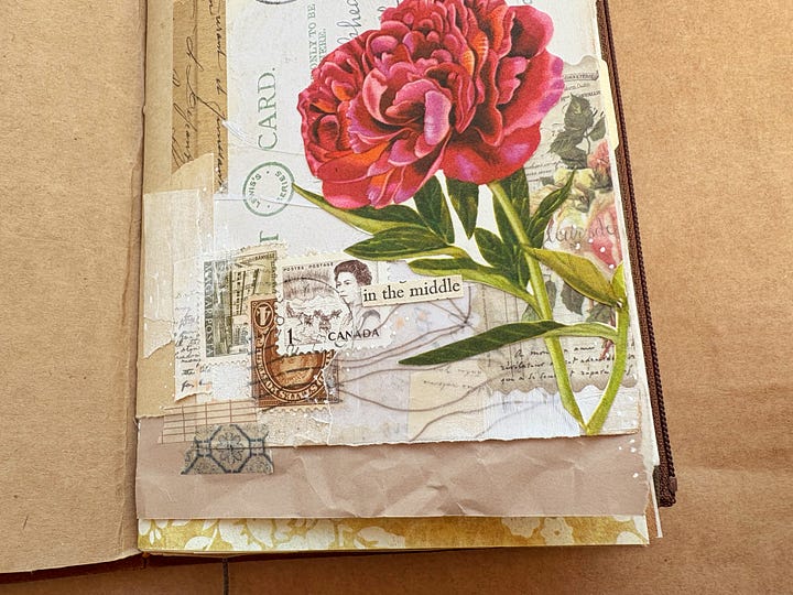 Close up of mixed-media collage featuring a red peony cut-out.