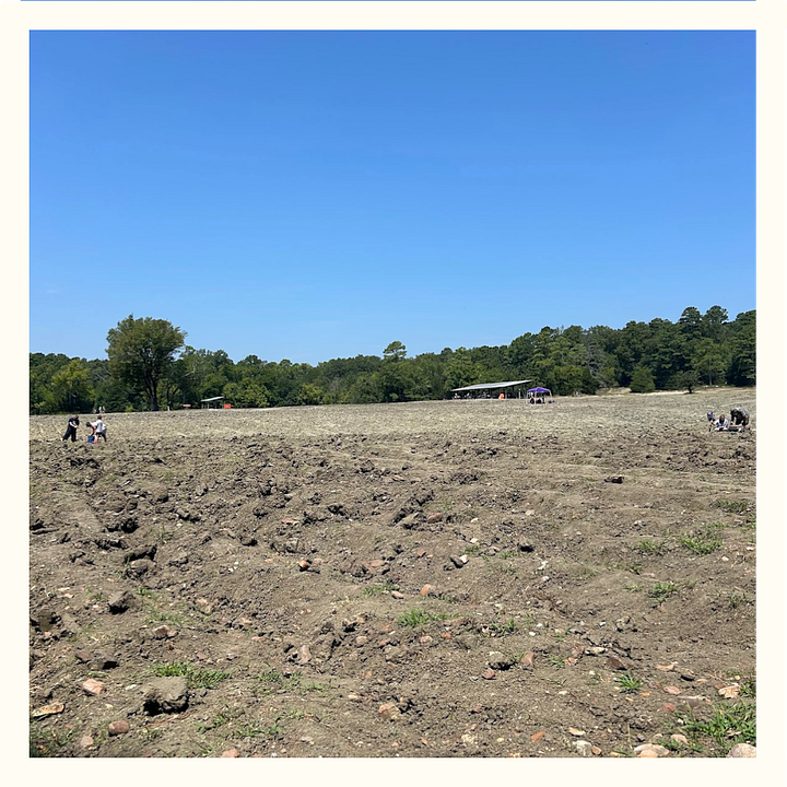 At left, an image of a crisp, sunny day with no clouds in the sky, above a well-turned field with no vegetation and deep ruts for diamond digging. At right, a blue five-gallon bucket, two shovels, and a wooden sifting box.