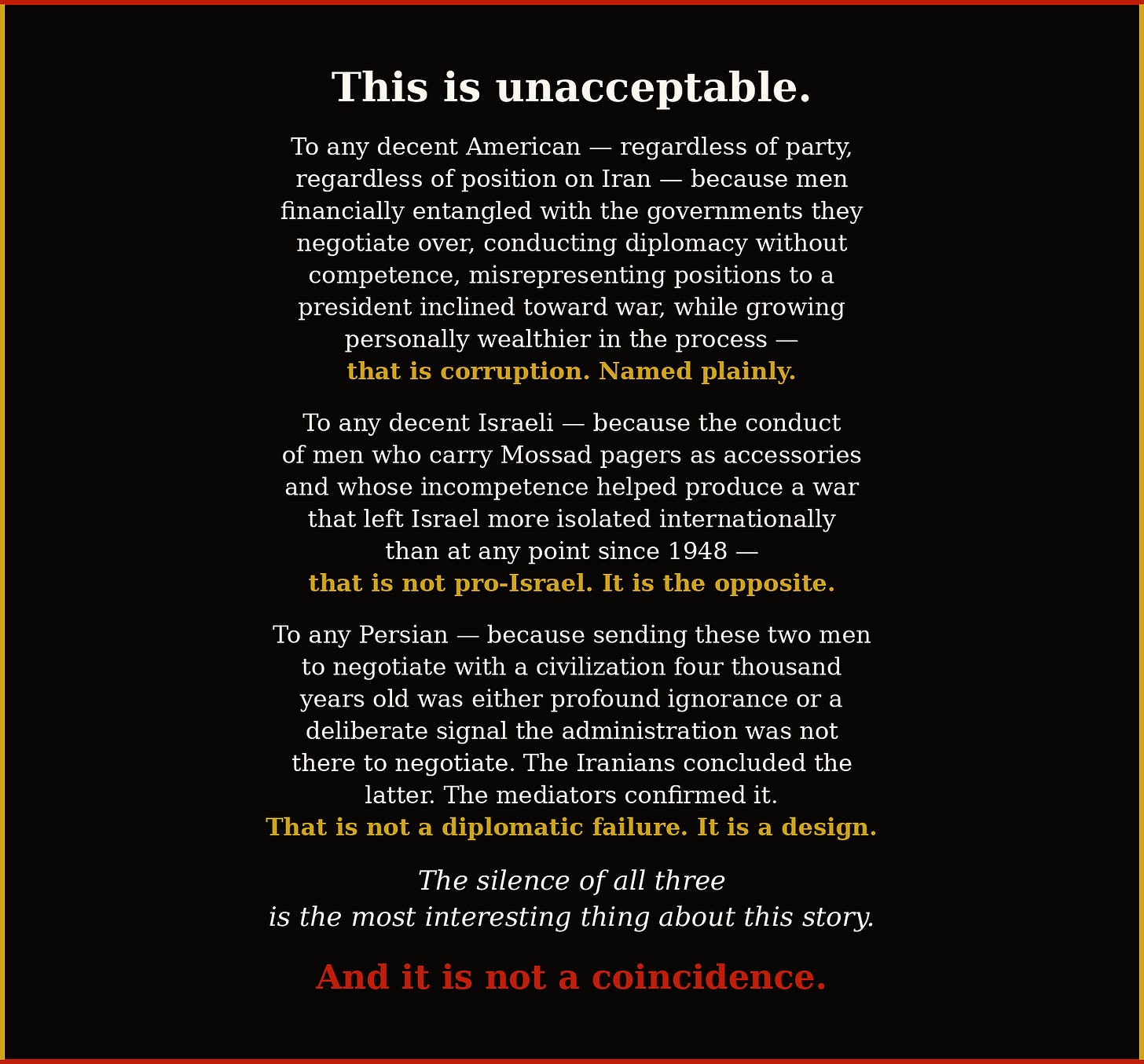The proclamation: This is unacceptable — to any decent American, to any decent Israeli, certainly to any Persian. The silence of all three is the most interesting thing about this story. And it is not a coincidence.